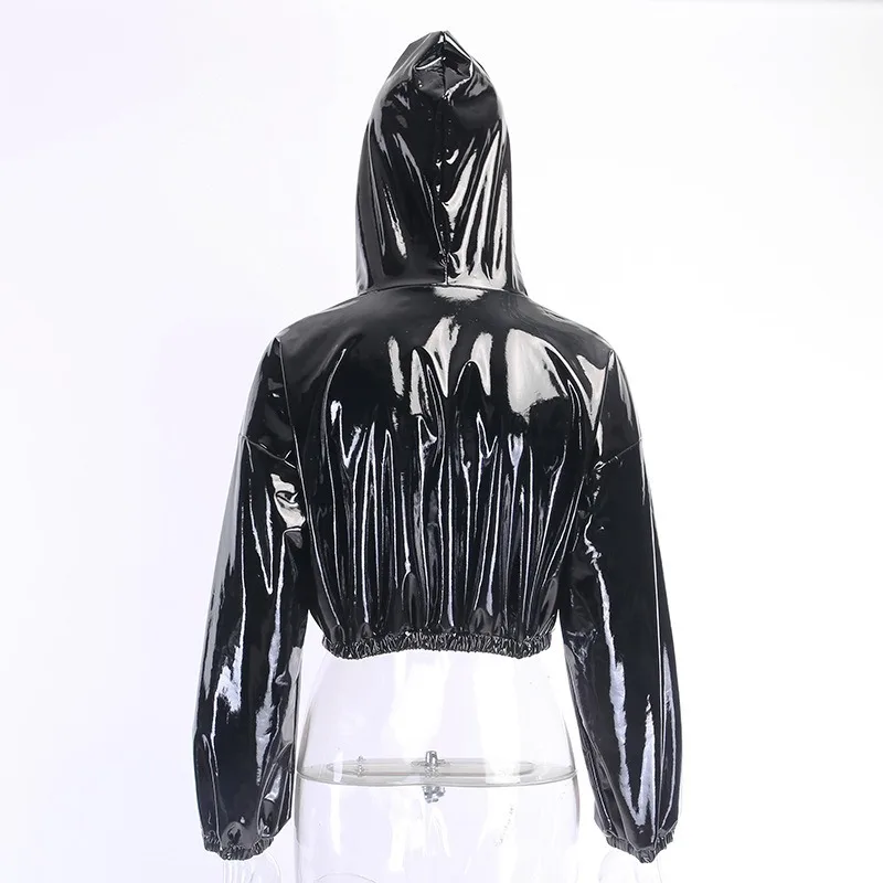 2023 New PU Leather Shiny Shiny Hoodie Fashion Jacket Ladies Smooth Slim Fit Fall/winter New Style Sweater Women Short Cropped