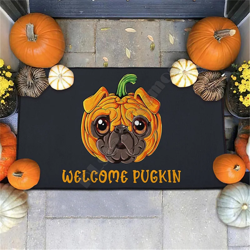 

Halloween Pug Pugkin Doormat 3D Printed Indoor Outdoor Doormat Non-slip Halloween Doormat