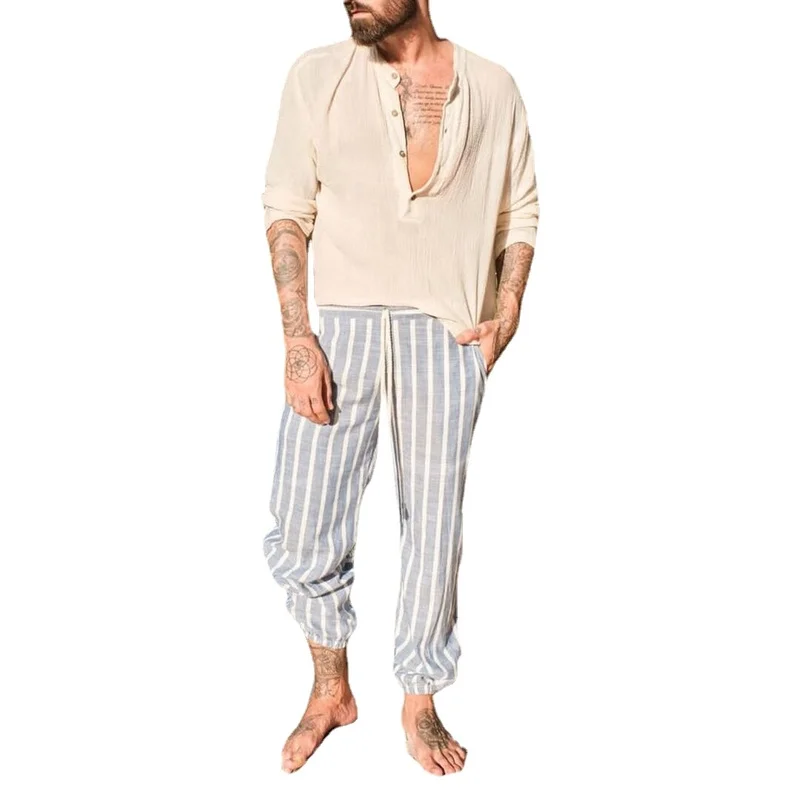 Men Shirt Top Summer Solid Color Loose Pullover Shirt Men Long Sleeve Single-Breasted Stand Collar Shirt Cotton and Linen Shirt
