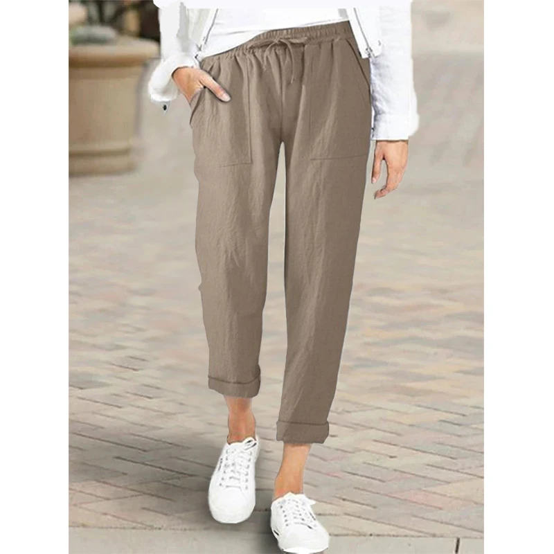 Summer Lasdies Cotton Linen Pants Pockets Loose Drawstring Trousers Female Casual High Waist Elastic Ankle-Length Pants