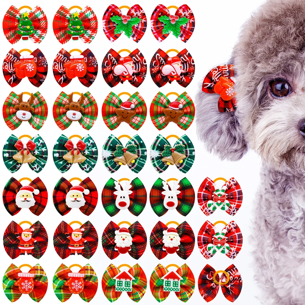 

10PCS Christmas Style Dog Hair Bows Grooming Dog Headwear with Rubber Bands Doggy Festival Supplies for Small Dog Accessories