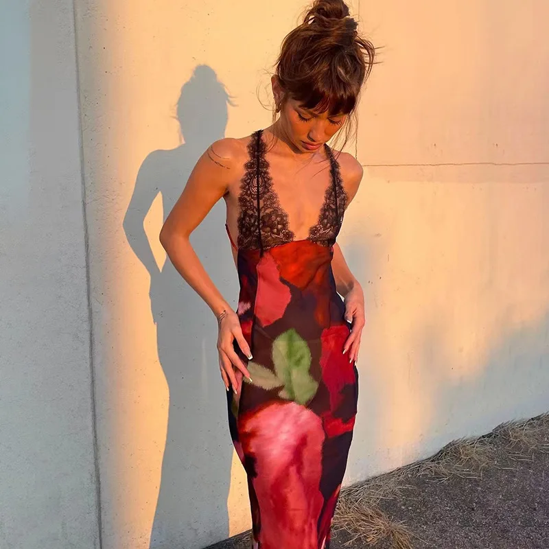 

Elegant Print Sleeveless Lace Maxi Dress for Women 2023 Summer Holiday Beach Sexy Backless Long Dresses Vestido Clothes