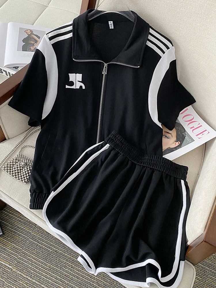 

A GIRLS Summer Outfits Casual Two Piece Set For Women 2023 Korean Stand Collar Zipper Tops+Wide Leg Shorts Suits Female Red Trac