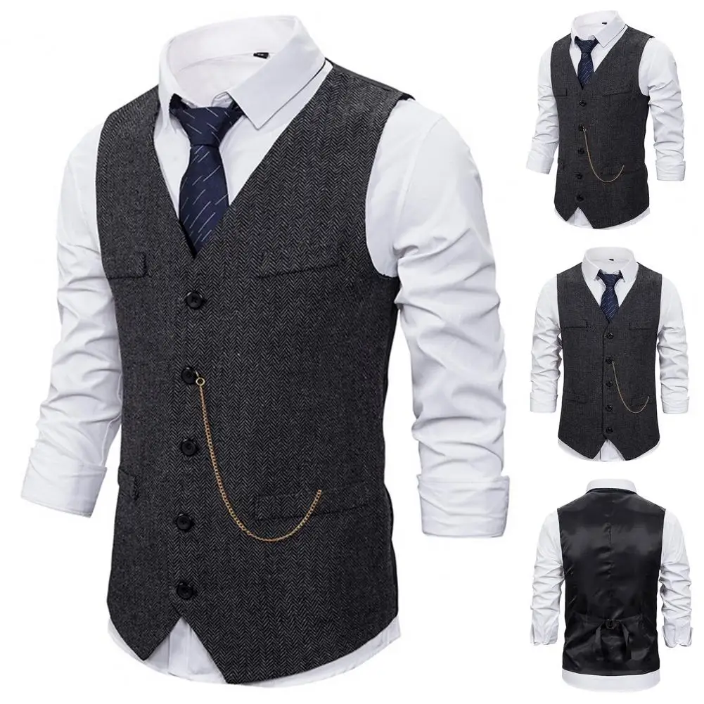 

Men's Suit Vest Brown Wedding Wool Tweed Business Waistcoat Jacket Casual Slim Fit Gilet Homme Vests For Groosmen Man Wedding