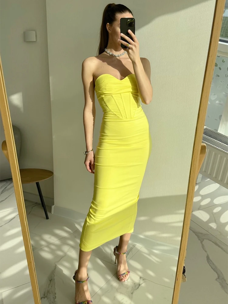 

Women Summer Bodycon Party Dress Yellow Long Maxi Dress Sexy Strapless Elegant Dress for Celebrity Evening Dropshipping