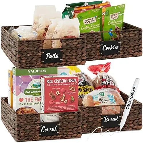 

of 4 9x12in Water Hyacinth Pantry Baskets, Woven Kitchen Organizers w/Chalkboard Label, Chalk Marker - Natural терка мно