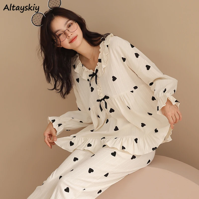 

Pajama Sets Woman Sweet Heart Print Bows Ruffles Korean Style Fashion Ins Home Soft Design New Lovely Spring Sleepwear Ladies