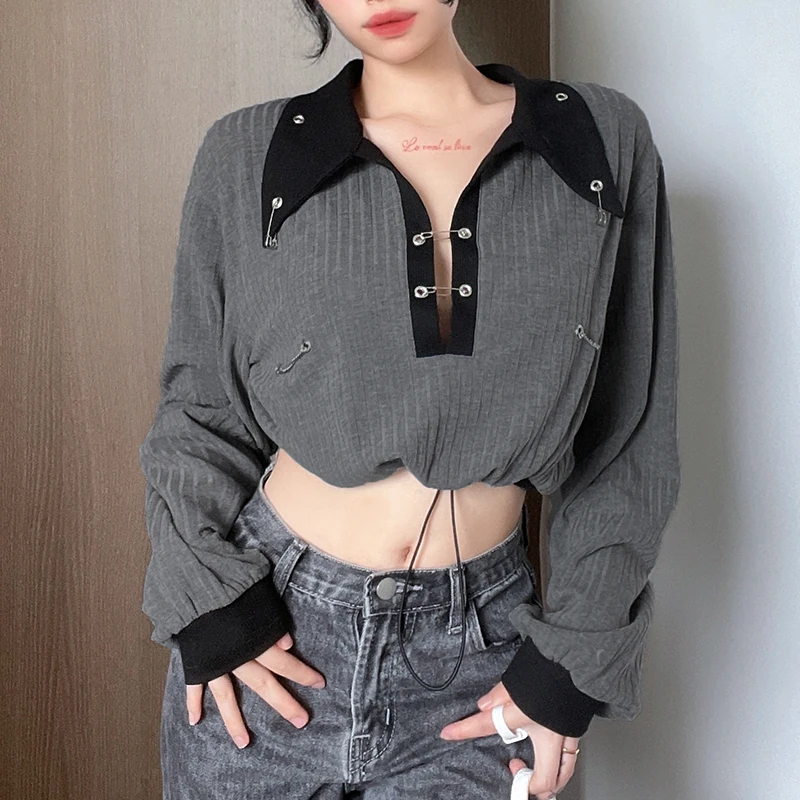 

Punk Sweatshirts Gray Turn Down Collar Pullovers Y2k Long Sleeve Patched Sporty Top Autumn Winter Harajuku Women Sweatshirt