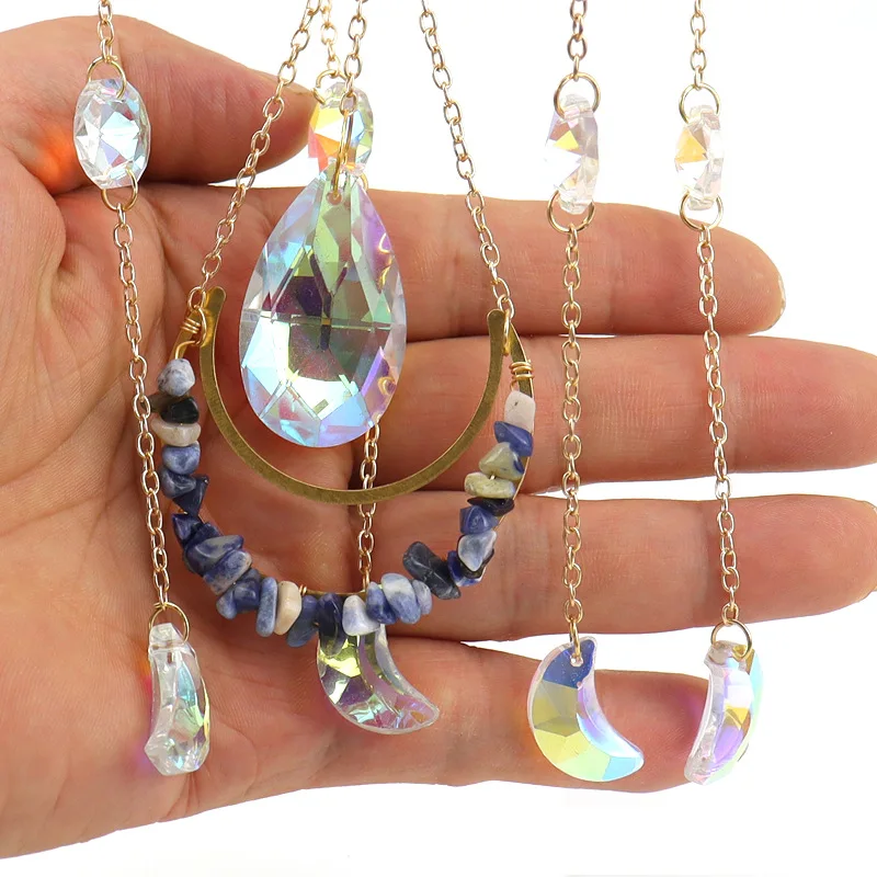 Sun Catcher Lamp Stand Hanging Window Garden Crystal Water Drop Decoration Handmade Copper Wire Wrap Natural Gravel Ornament