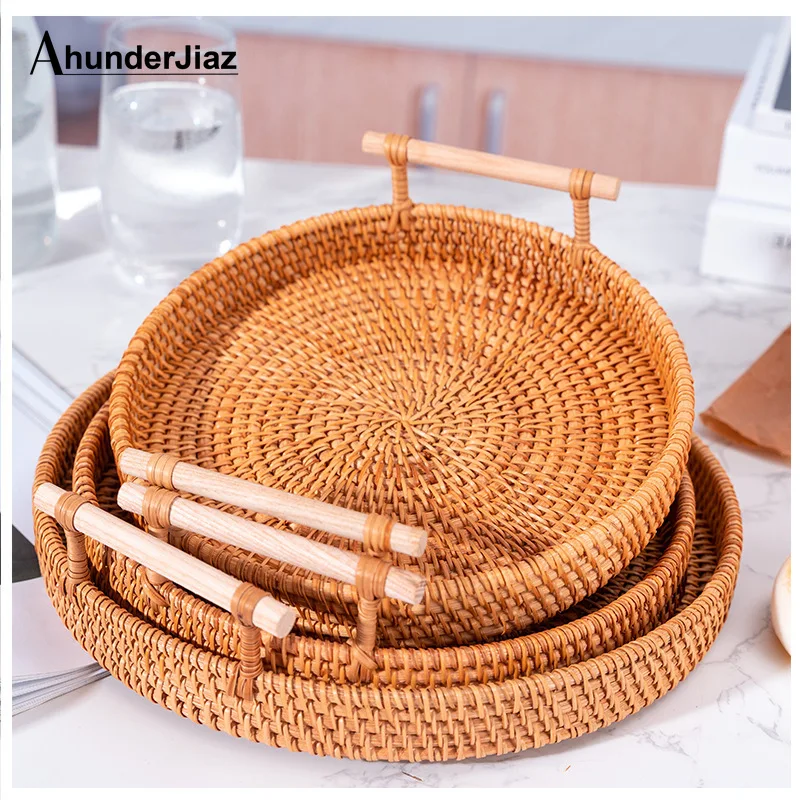 

Handwoven Rattan Round Basket Tray with Handle Bread Fruit Food Storage Platters Plate for Breakfast Drink Snack Coffee Tea