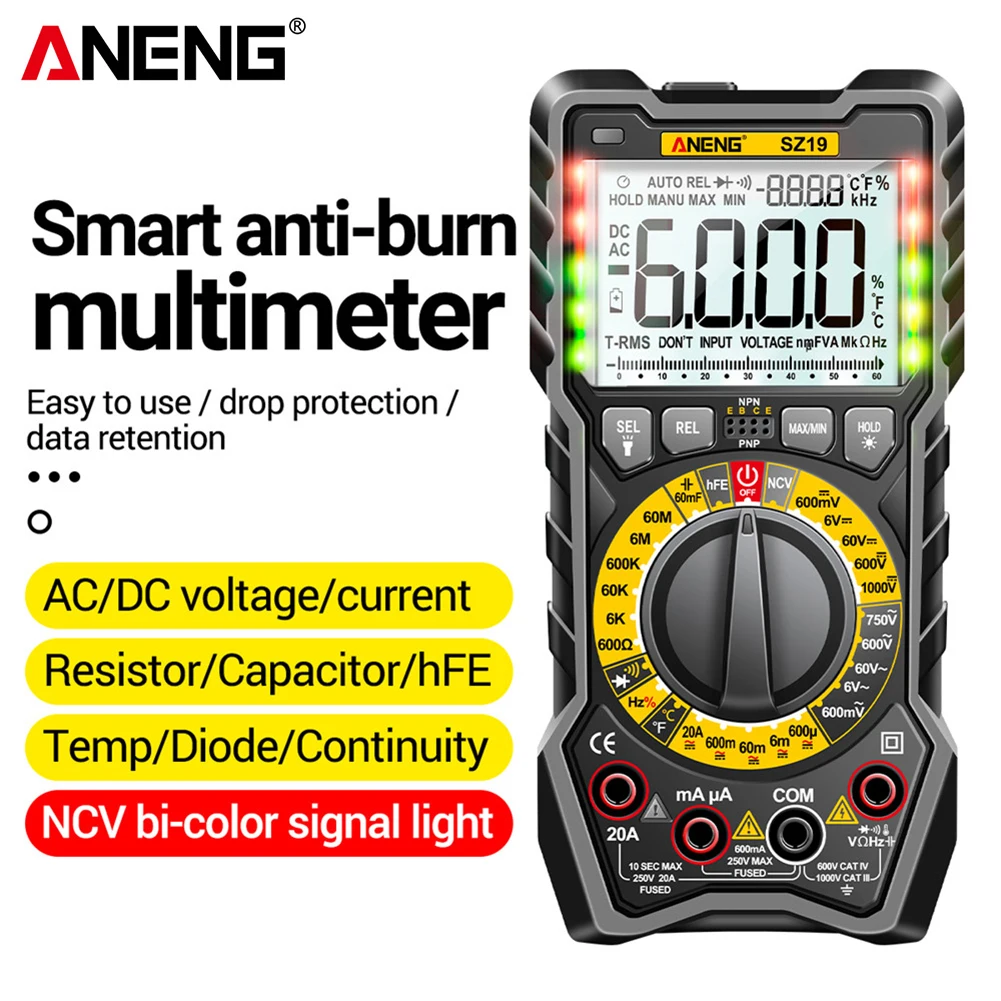 

Цифровой мультиметр ANENG SZ19, с ЖК-дисплеем, подсветкой, измерение напряжения постоянного/переменного тока, емкости, сопротивления, измерение ...