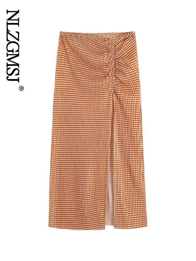 

Nlzgmsj ZBZA 2022 Casual Women High Waist Plaid Skirt Summer Ladies High Street Vintage Skirt Female Split Skirt 202203