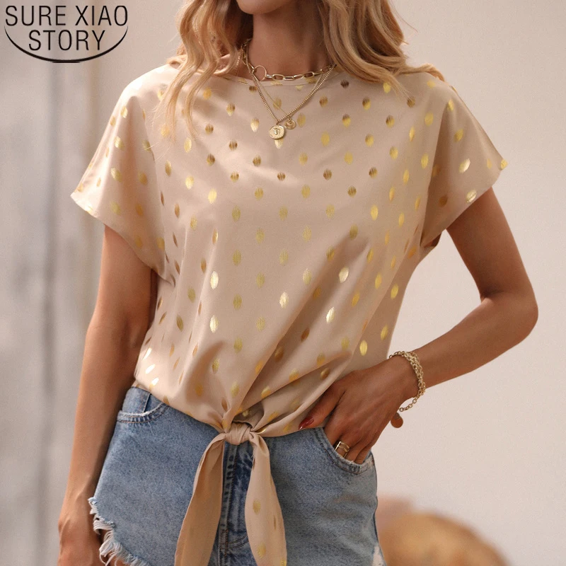 

Fashion Polka Dot Shirt Summer Short Sleeve Chiffon Blouse Casual Loose Lace-up Round Collar Clothes Blusa Tops Mujer 21693