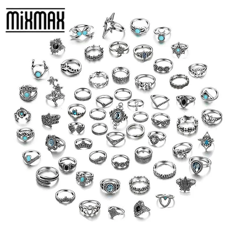 MixMax 60 шт. женские богемные кольца позолоченные серебряные модные стразы на палец
