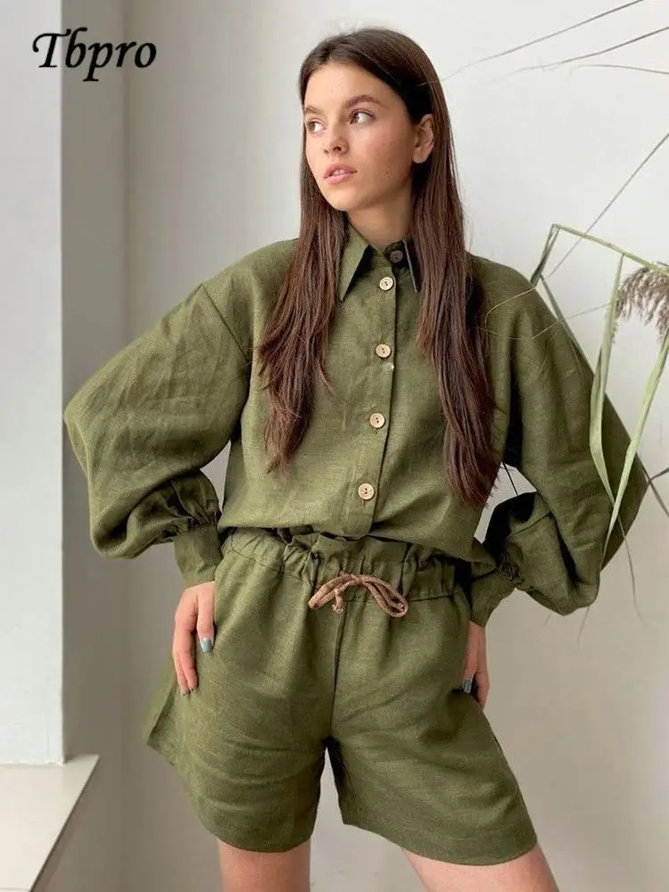 

Женский Повседневный короткий костюм из 2 предметов, блузка с рукавами-фонариками и высокой талией, свободный короткий костюм на шнуровке, ...