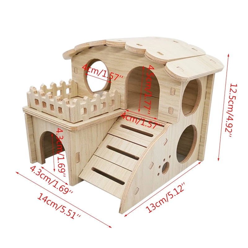 

K5DC Pet Small Animal Hideout Hamster House Luxury Two Layers Wooden Hut Climbing Playing Chews Toys for Dwarf Mouse Gerbil