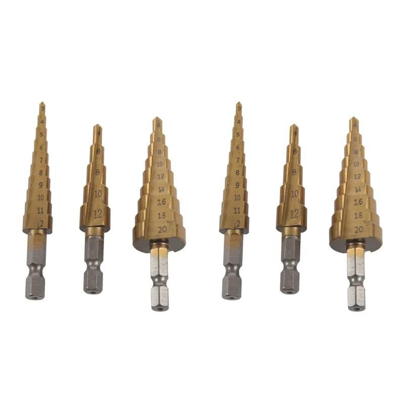

6Pcs 1/4-Inch Hex Shank 3-12 4-20 4-12Mm Titanium Coated Step Drill Bit Set