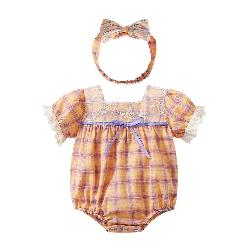 

2Pcs Baby Girl Plaid Romper Newborn Clothes Set Children Boutique Clothing Baby Birthday Party Jumpsuit Infant Baptism Rompers