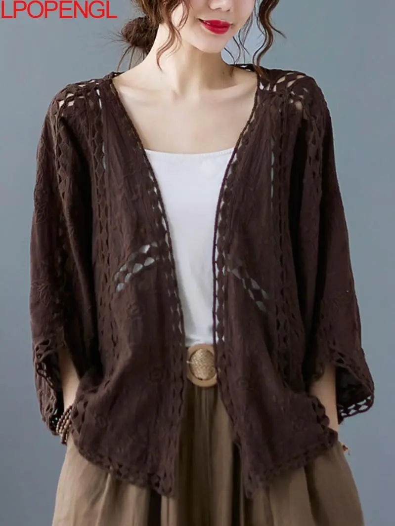 Женский винтажный вязаный кардиган с вырезами Солнцезащитная куртка женская