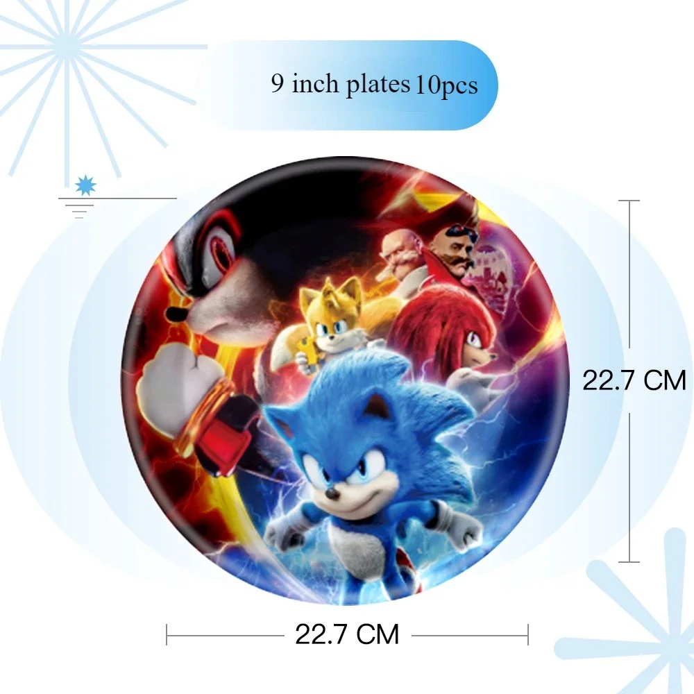 Фото Новые принадлежности для вечеринок Sonic 3, набор бумажной посуды для дня рождения для мальчиков, бумажная тарелка, чашки, салфетки, украшения для детского душа №5