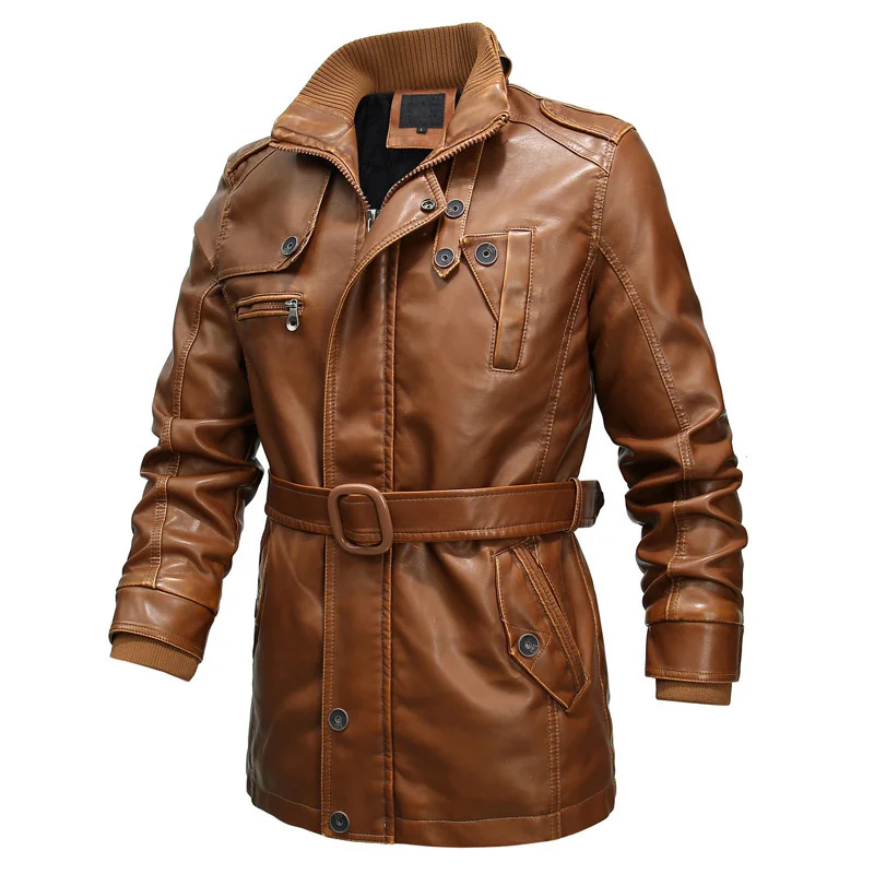 Men's Autumn and Winter New Mid-length Leather Jacket Plus Velvet Thick Large Size M-6XL Solid Color Lapel Coat Casual Slim Fit