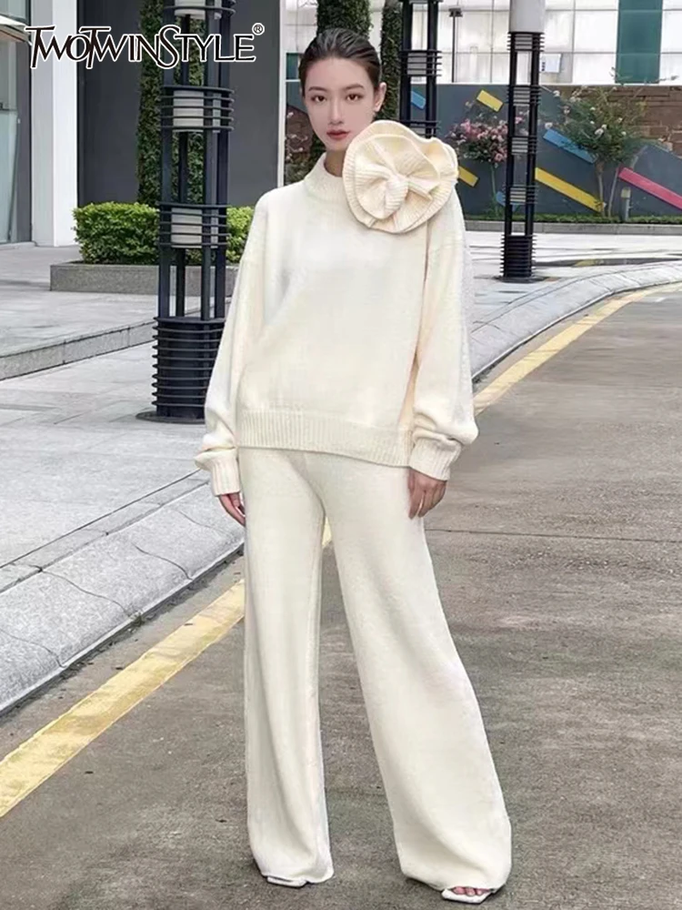 

TWOTWINSTYLE Knitting Sets For Women Round Neck Long Sleeve Patchwork Appliques Tops High Waist Trousers Solid Loose Set Female