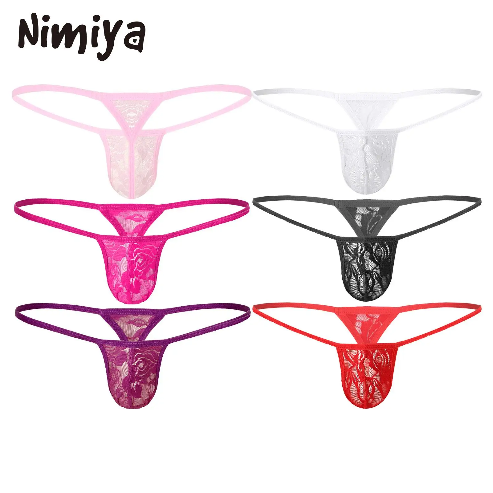 

Nimiya Mens Pure Colors See-through Floral Lace Bulge Pouch G-strings Light Thongs Low Rise T-back Micro Night Dating Underwears