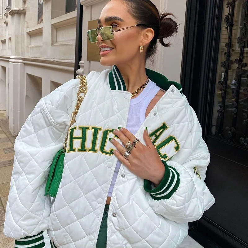 Winter Women Argyle Letter Embroidery Down Jacket Quilted Coats Casual Streetwear Outerwear Lined Coat Padded Bomber Jacket 2023