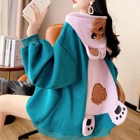 winter fashion embroidery cartoon animal harajuku womens pullover hoodie stitching casual plus velvet coat tops sweatshirt
