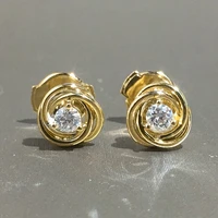 new metal gold color spiral design stud earring with single cz womens fashion earrings simple versatile ear piercing jewelry