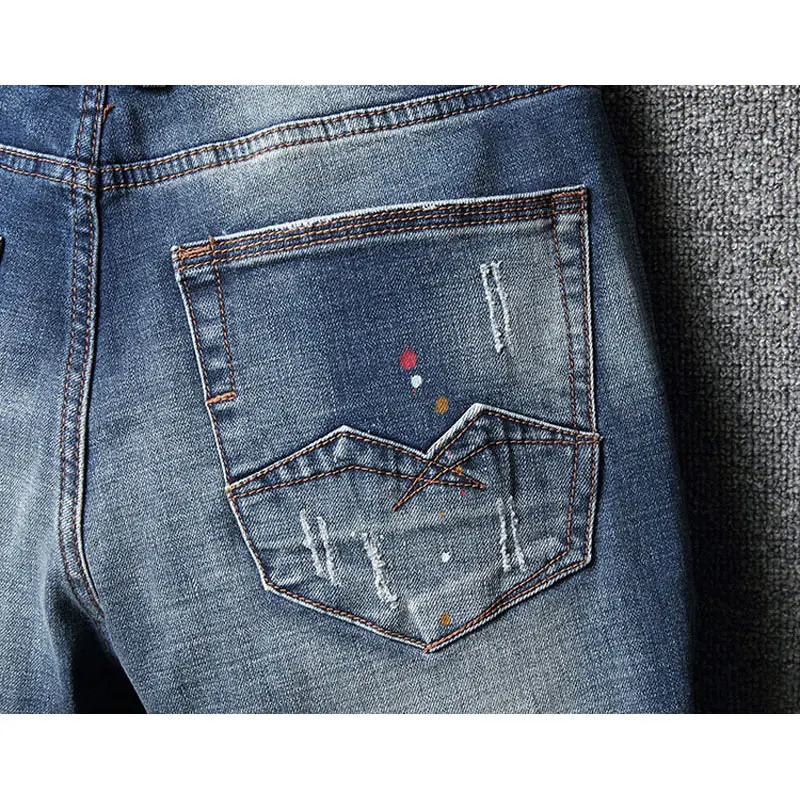 Модные мужские джинсы в уличном стиле Высококачественные эластичные синие с