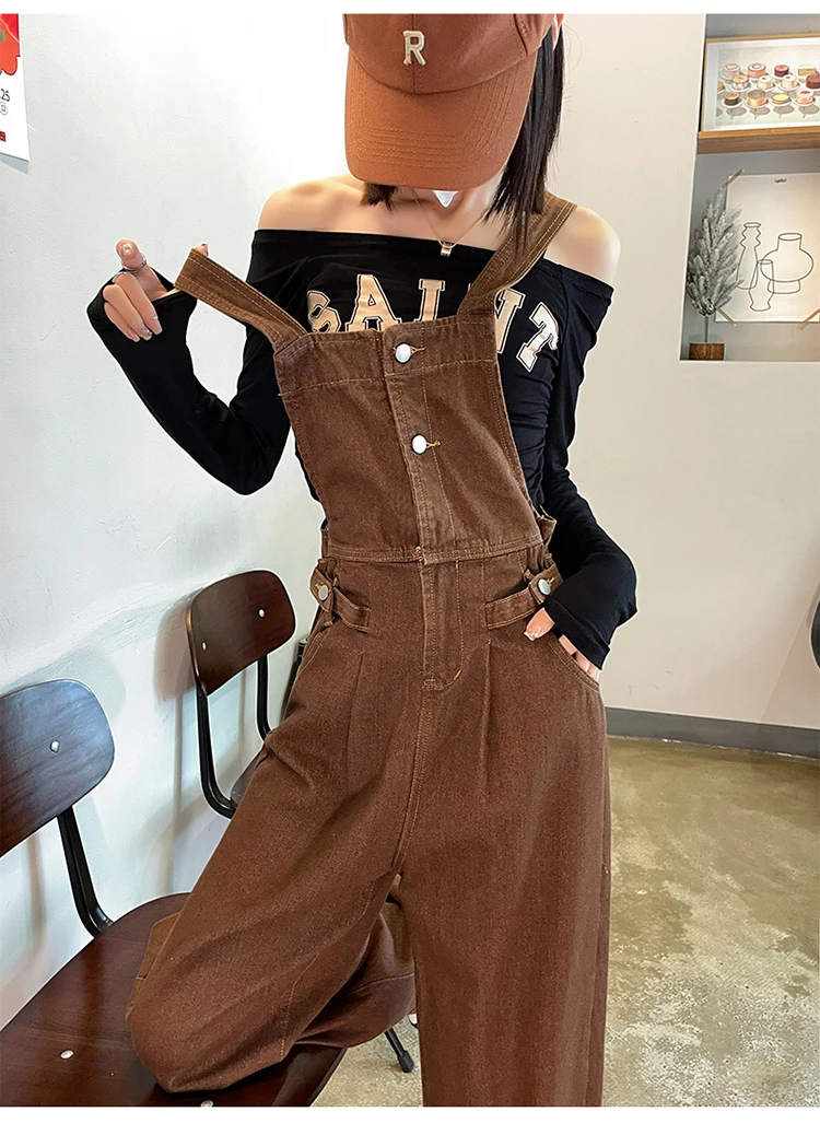 Strap work clothes jeans Women's spring and summer brown 2023 youth new loose age reducing salt straight tube one-piece wide leg