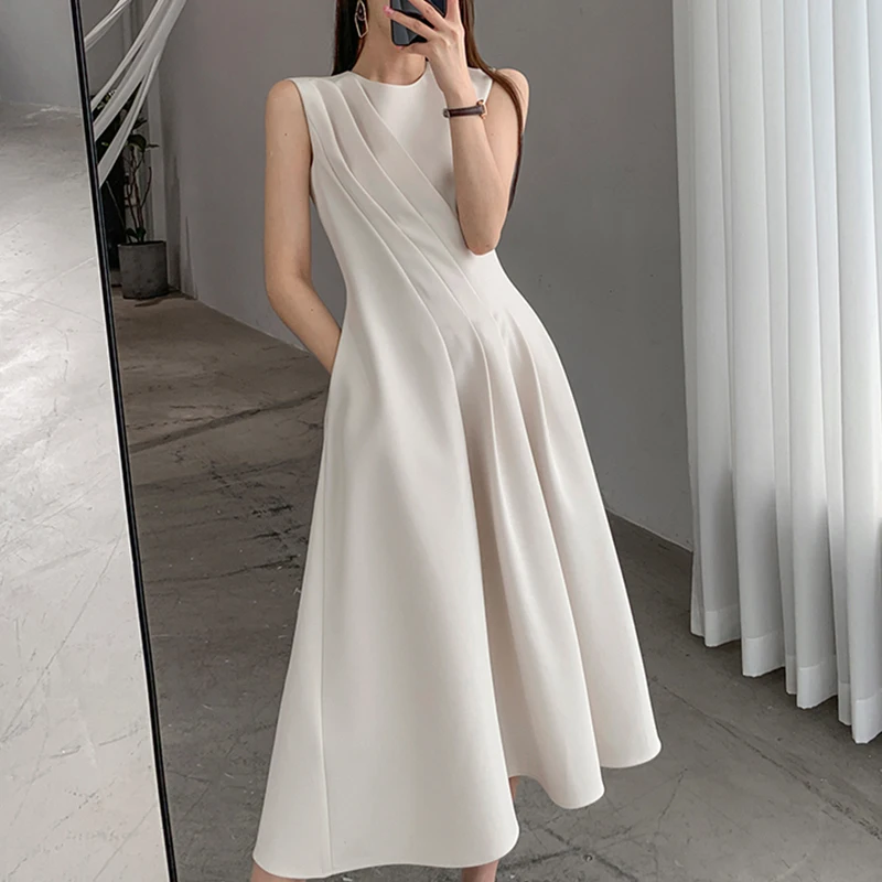 

Beige Elegant Dress Women Patchwork Sleeveless Chic Clothes Female High Waist Vintage Design Dresses Women Business Vestido