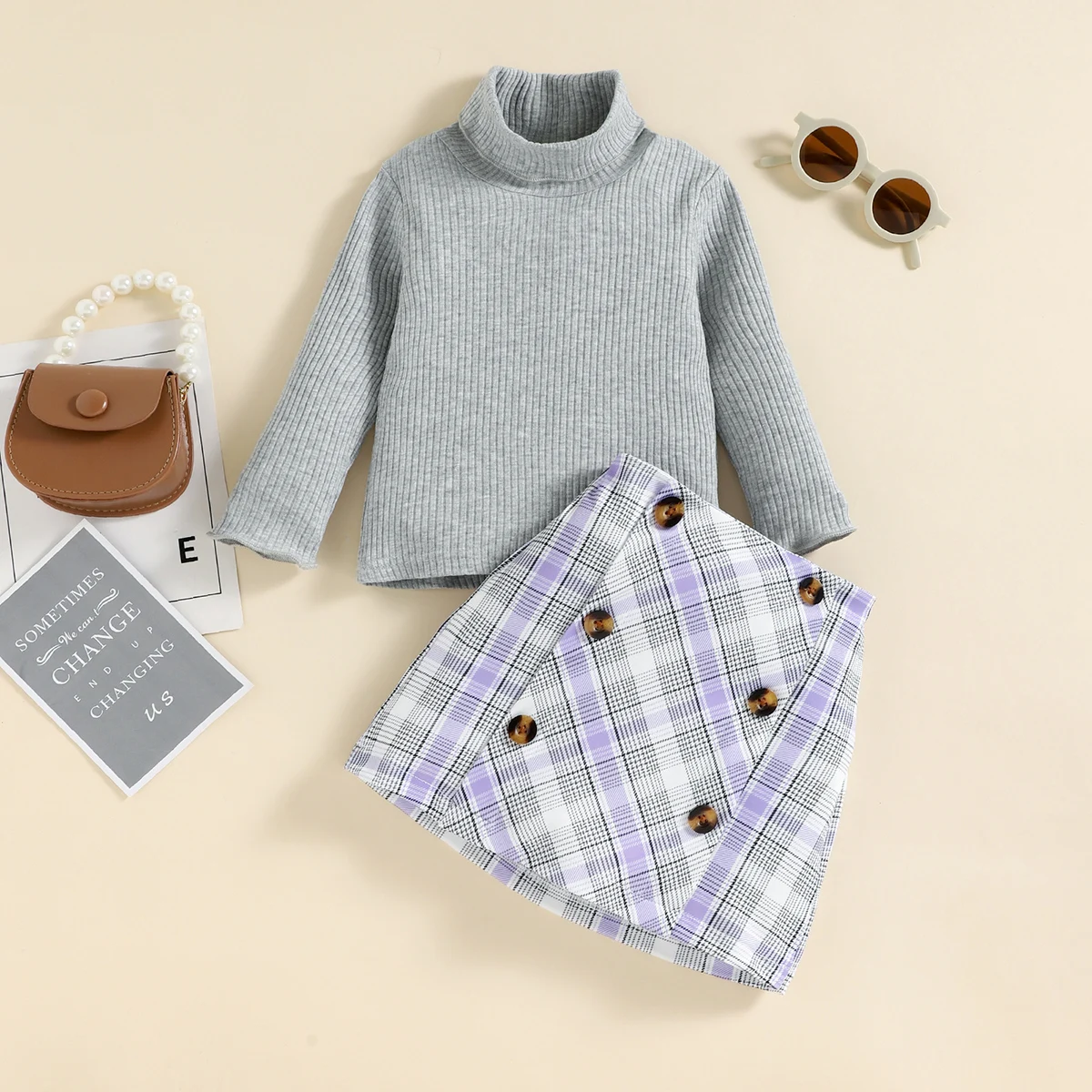 

hibobi Toddler Solid Color T-shirt And Plaid Skirt Fashion Girls Autumn Full Sleeve Solid Knitting Top Shirts Clothes Set 2pcs