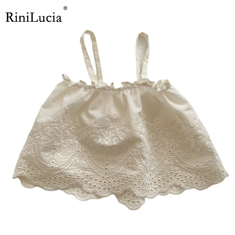

RiniLucia 2022 Summer Korean Baby Girls Lace Straps Embroidery Blouses Hollow Out Sleeveless Tops Toddlers Kids Vest Shirts