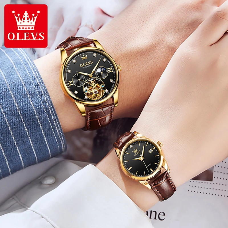 OLEVS Mens Womens Watch Couple Watches Automatic Mechanical Watch Luxury Gold Plated Case Couple Luminous Waterproof Reloj 6629