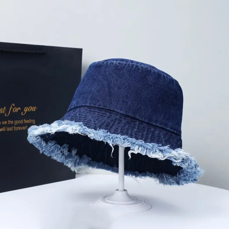 Women's Spring Summer Thin Fishing Hat Washing Distressed Fringe Popular Pot Outdoor Denim Large Canopy Sunshade