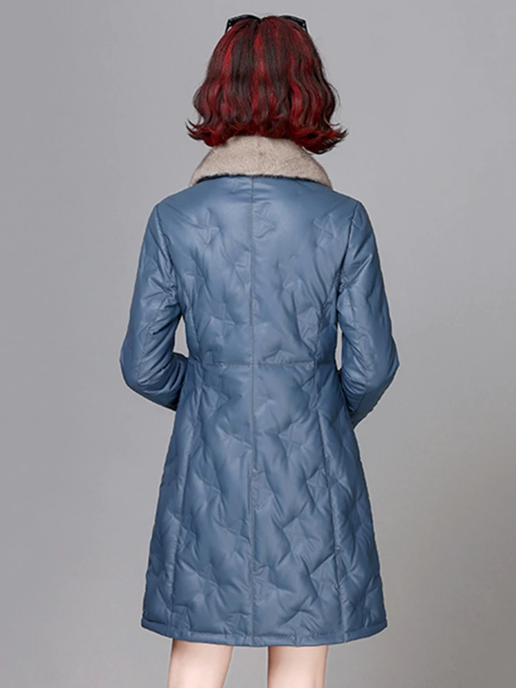 New Women Leather Down Coat Autumn Winter Casual Fashion Real Mink Fur Collar Slim Sheepskin Down Outerwear Thick Warm Jacket