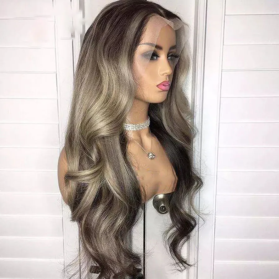 

Long Soft 26inch Highlight Ombre Ash Blonde Gray Wave PrePlucked Glueless European Human Hair 13*6Lace Front Wig For Black Women