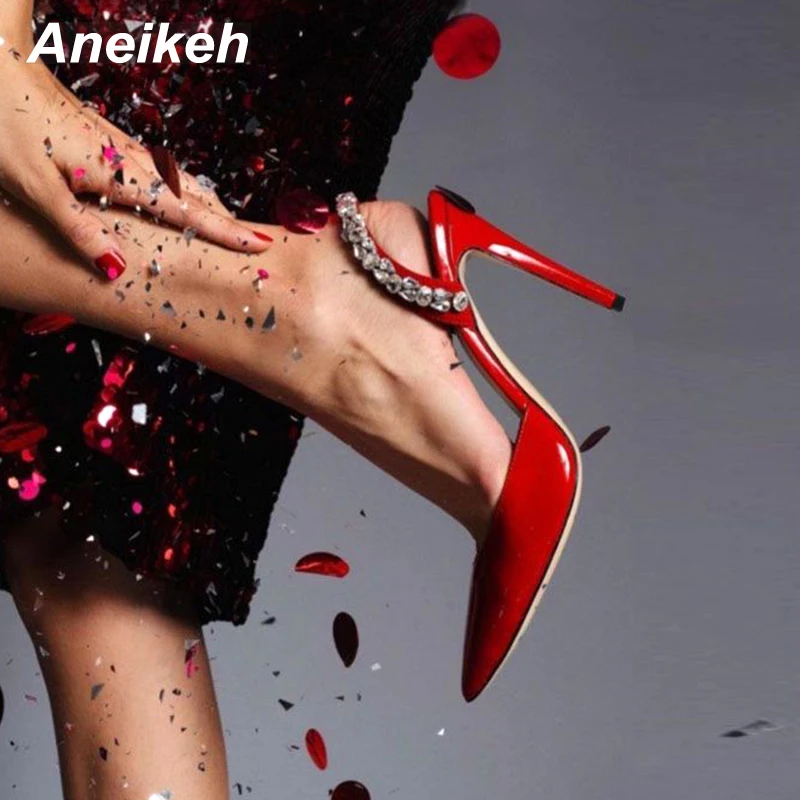 

Aneikeh Sexy Thin High Heel Pointed Toe Solid Women Party Wedding Dress Pumps Ankle Slip-On Crystal Decoration Slingbacks Shoes