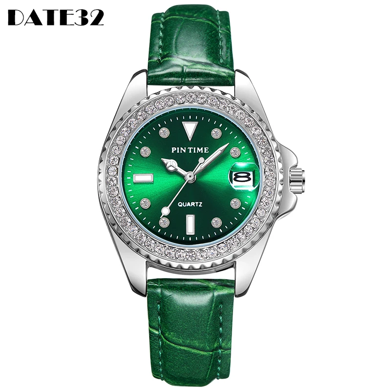 

Luxury Diamond Quartz Watch Women Female Green Dial Leather Wristwatch Rhinestone Iced Out Bezel Elegant New Wrist Watches Clock