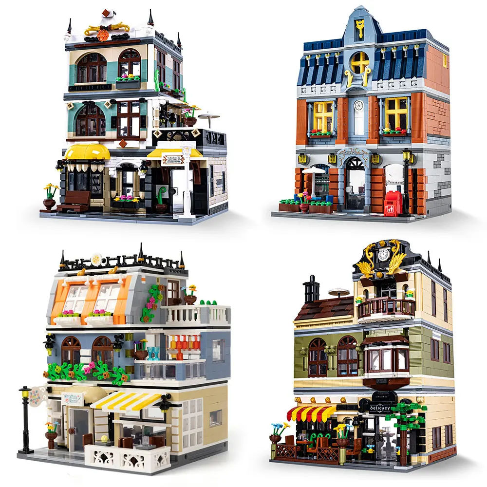 

Creative CAFE Shop Garden Hotel Restaurant Store Model City Street View Building Blocks Architecture Bricks Toys Gifts For Kids