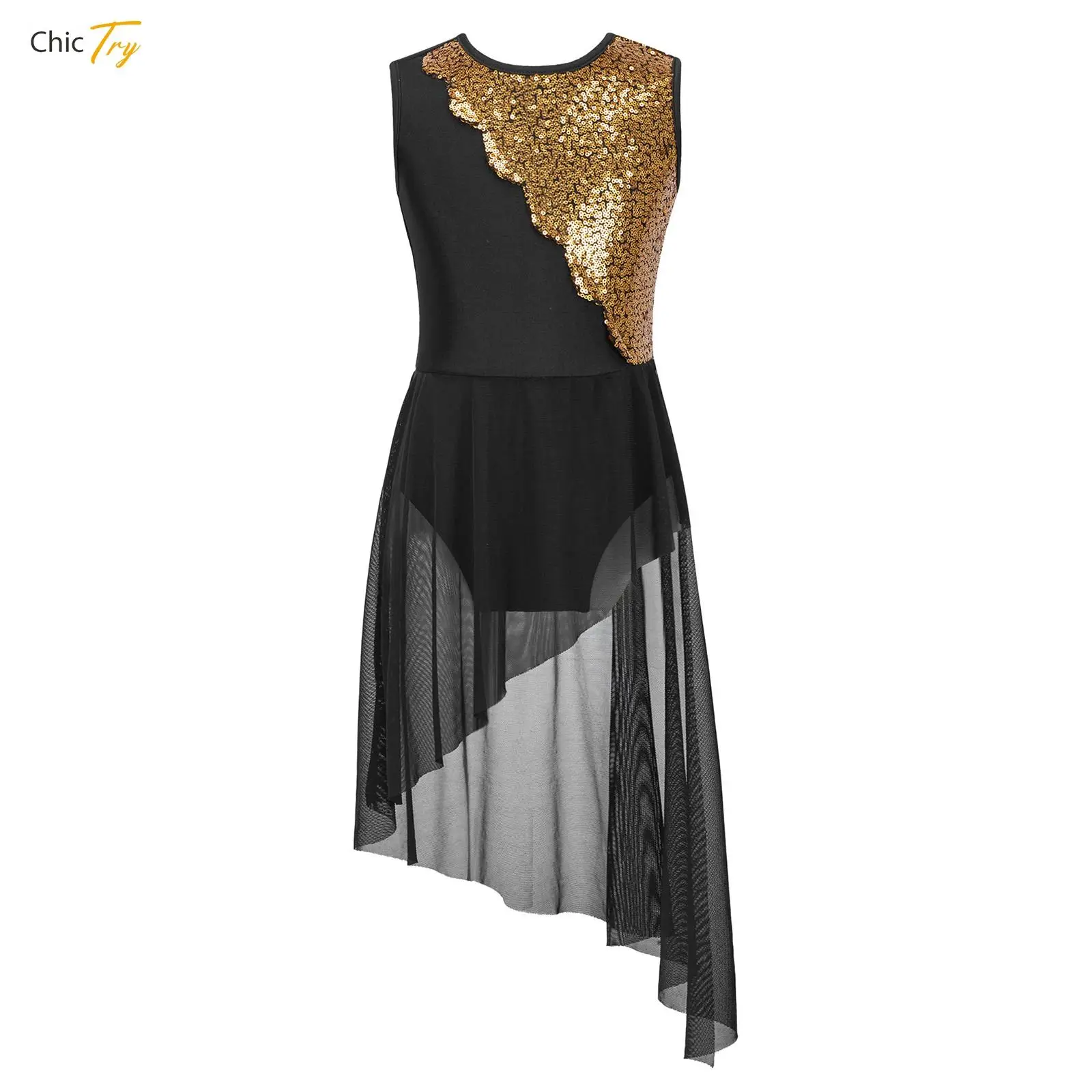 

Kids Girls Shiny Sequins Cutout Back Ballet Dance High Low Dress Leotard Lyrical Modern Contemporary Dancewear Costume