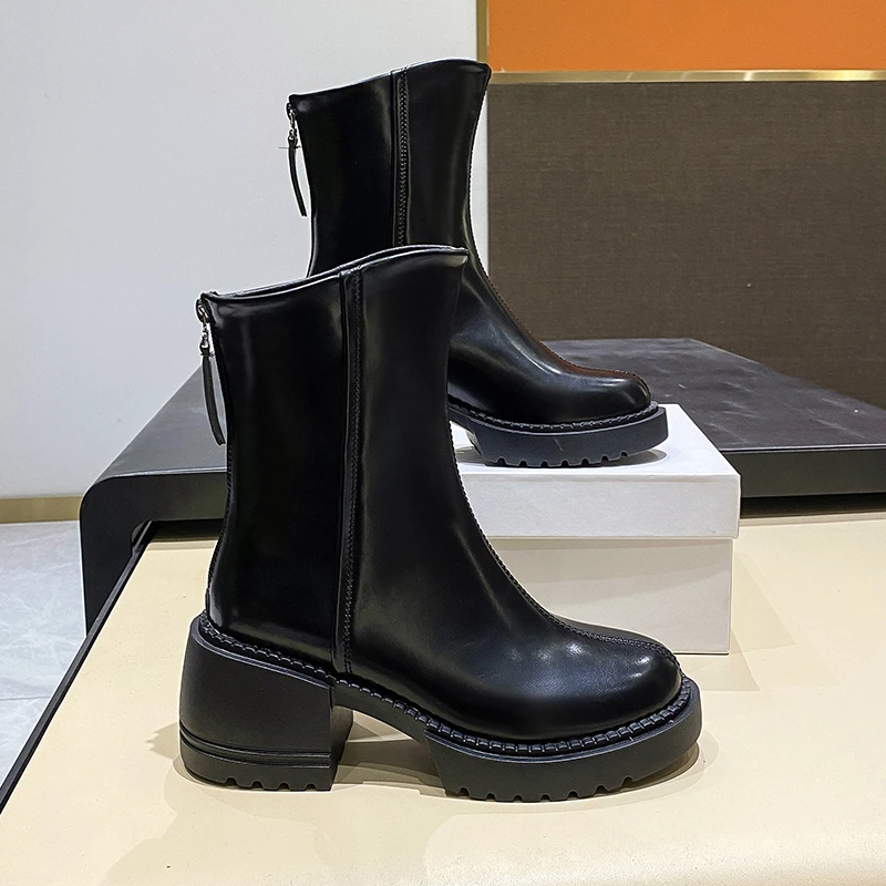 

2022 New Zipper Ankle Boots Pu Square Heels Autumn Winter Women Boots Ladies Shoes Solid Color Fashion Botas Fashion All-match