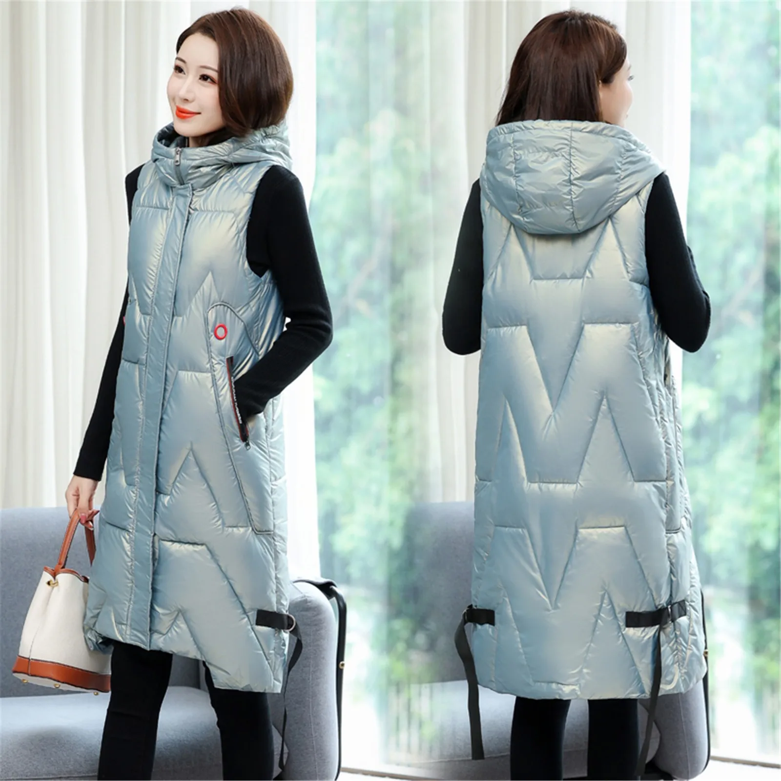 

Women Casual Solid Color Hundred Tower Waistcoat Hooded Vest Zipper Pocket Loose Sleeveless Long Horse Clip