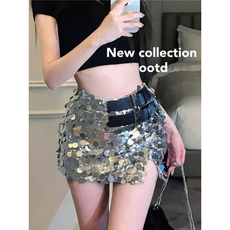 

2023 Summer Vintage Korean Retro High Street Low Waist Sequin Lining Split Mini Skirt Streetwear Fashion Skirt