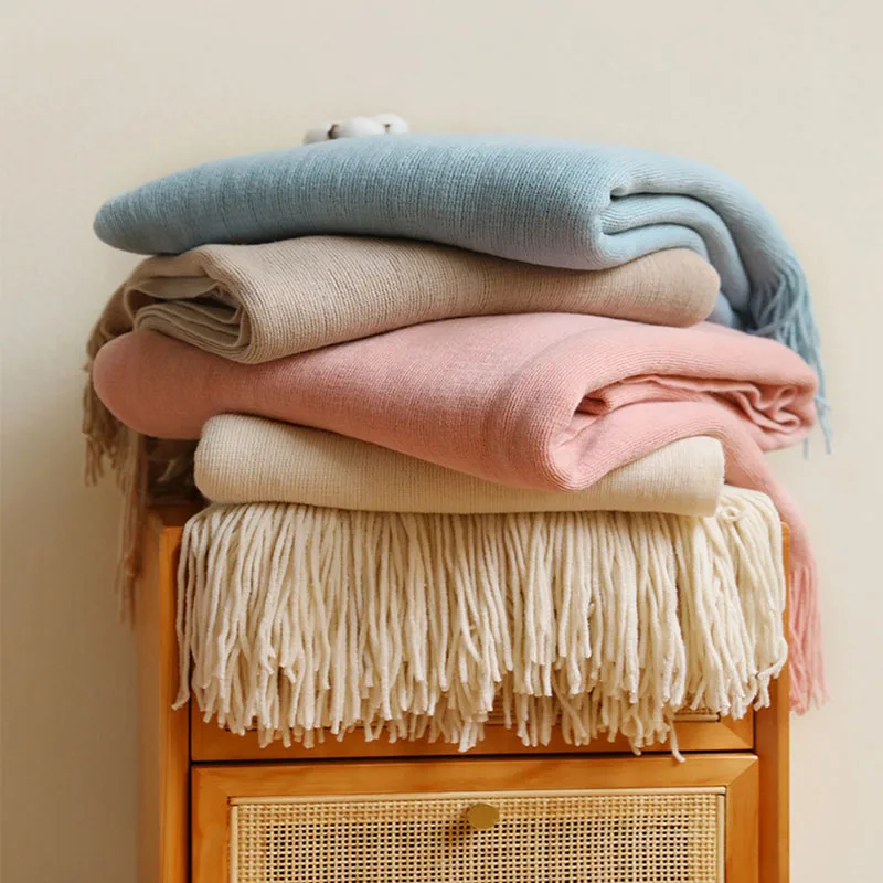 

Nordic knitted blanket solid color soft sofa cover bed end towel boho office nap blanket cover bed spread outdoor travel shawl