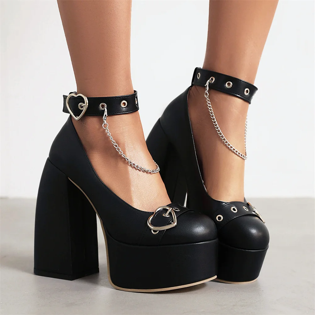 Brand Design Ladies Platform Pumps Fashion Heart Buckle Chain Thick High Heels women's Pumps Party Office Sexy Shoes Woman