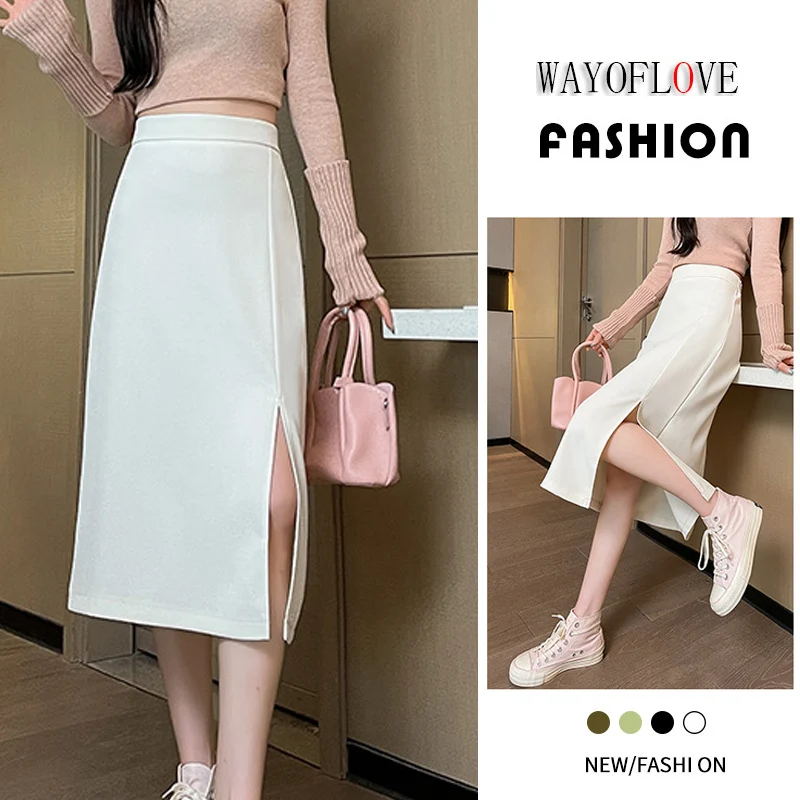 

WAYOFLOVE Ladies Spring Summer White Elegant Mid Skirts With Slit High Waist Package Hip Slim Skirt Casual Stylish Skirts Women
