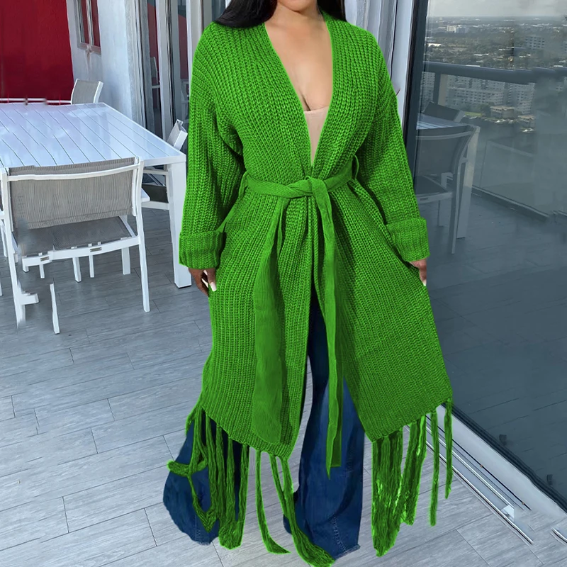 

Женский трикотажный кардиган на шнуровке, повседневный однотонный Свободный кардиган с длинным рукавом и V-образным вырезом, осеннее пальт...